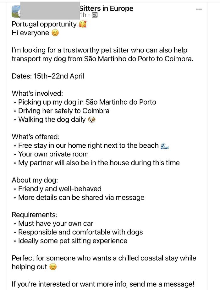 Social media post showing entitled people looking for free pet sitting and dog transport services.