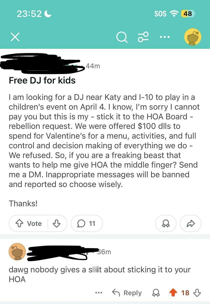 A message request from entitled people asking for a free DJ to spite their HOA board.