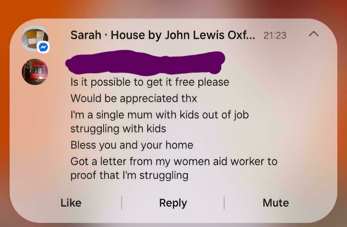 A screenshot showing one of the entitled people asking for free items using a sob story.
