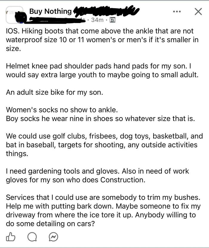 Screenshot of an entitled person demanding free items and home services in a Buy Nothing group.