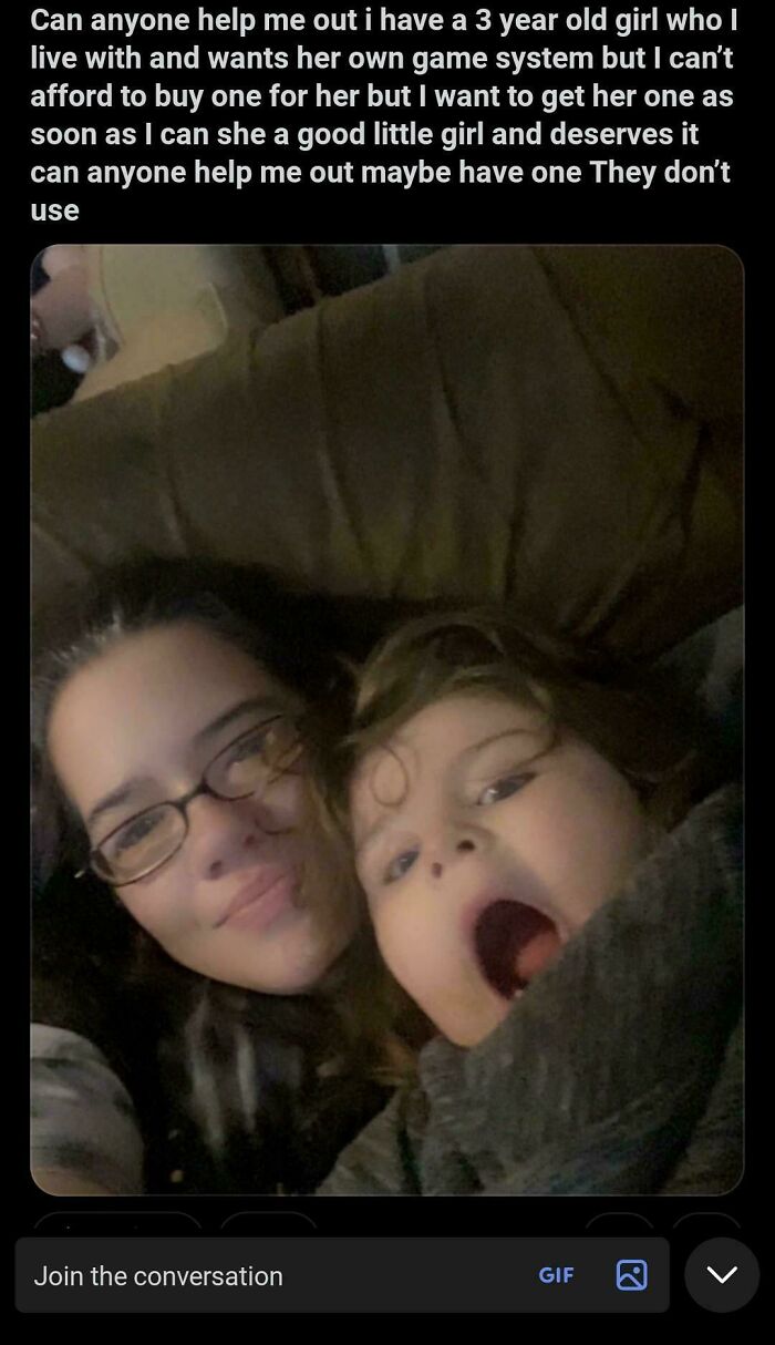 A mother and her daughter posing for a selfie, asking for a free game system on social media.