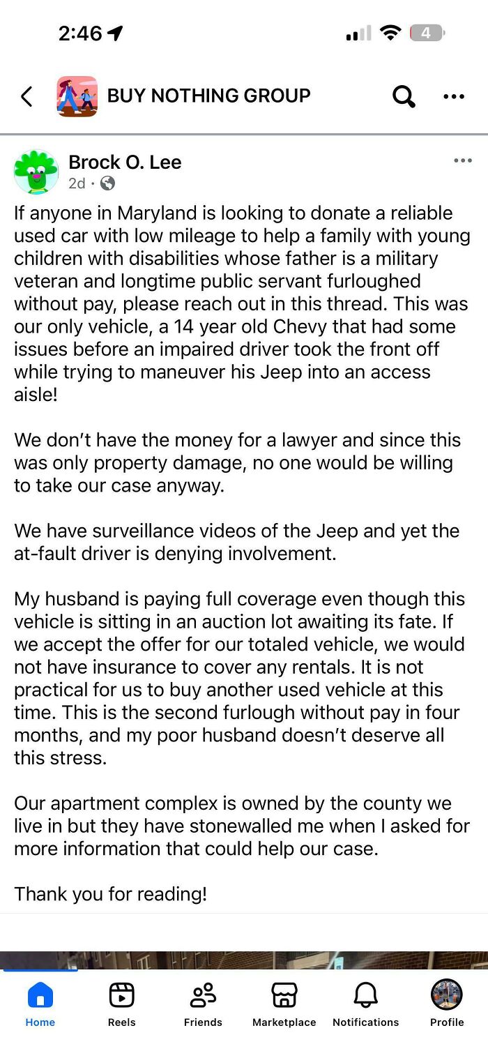 A Buy Nothing group post from an entitled person asking for a free car donation with low mileage.