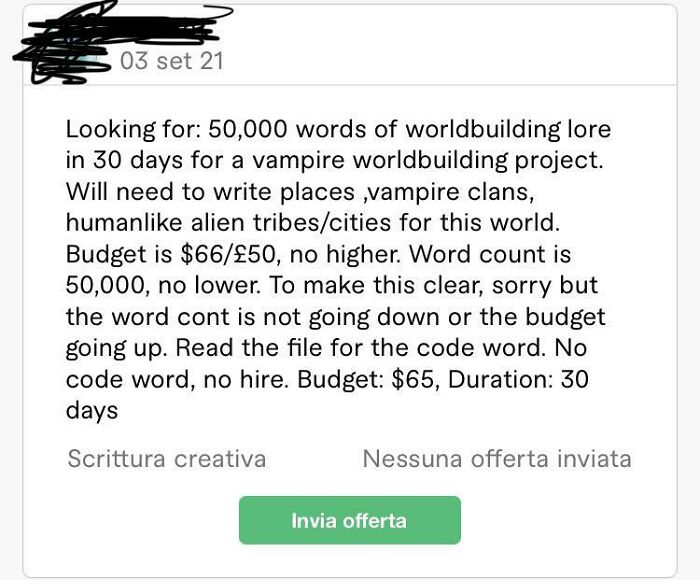 An online job listing showing how entitled people want fifty thousand words of writing for sixty-five dollars.