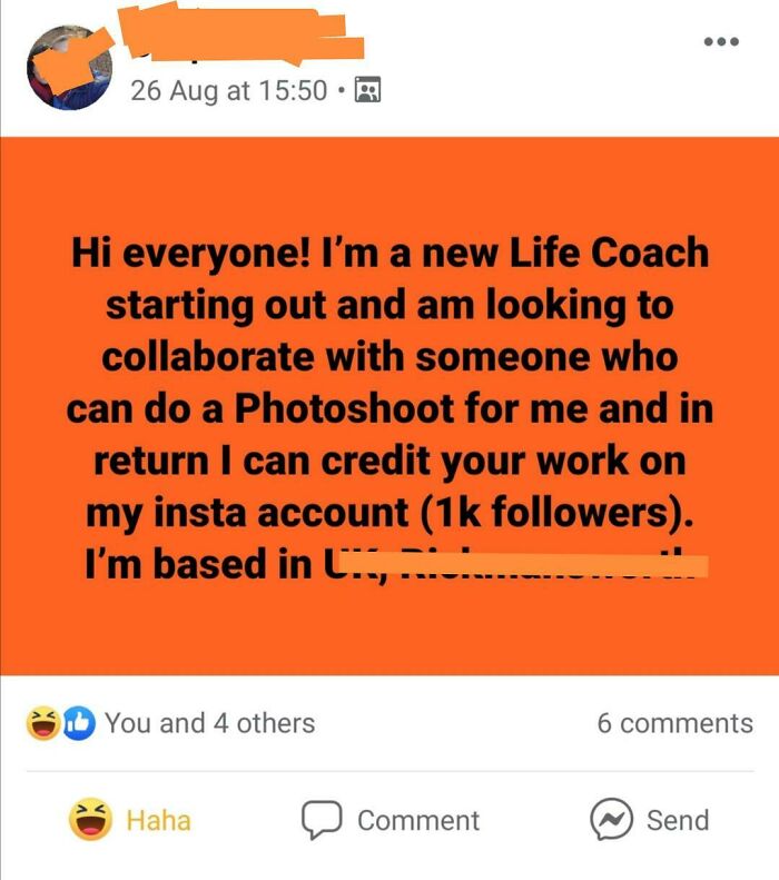 A life coach post showcasing how entitled people seek a professional photoshoot in exchange for exposure.