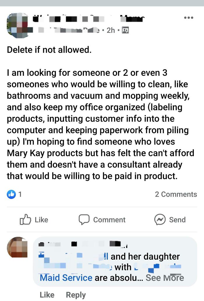 A Facebook post revealing entitled people looking for cleaners and office help to be paid only in beauty products.