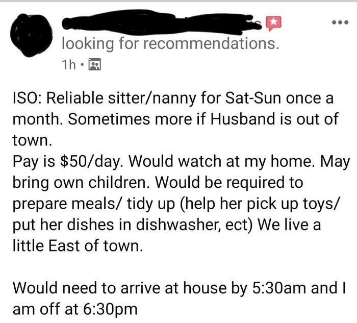 A social media post by entitled people looking for a nanny for Sat-Sun for fifty dollars a day.