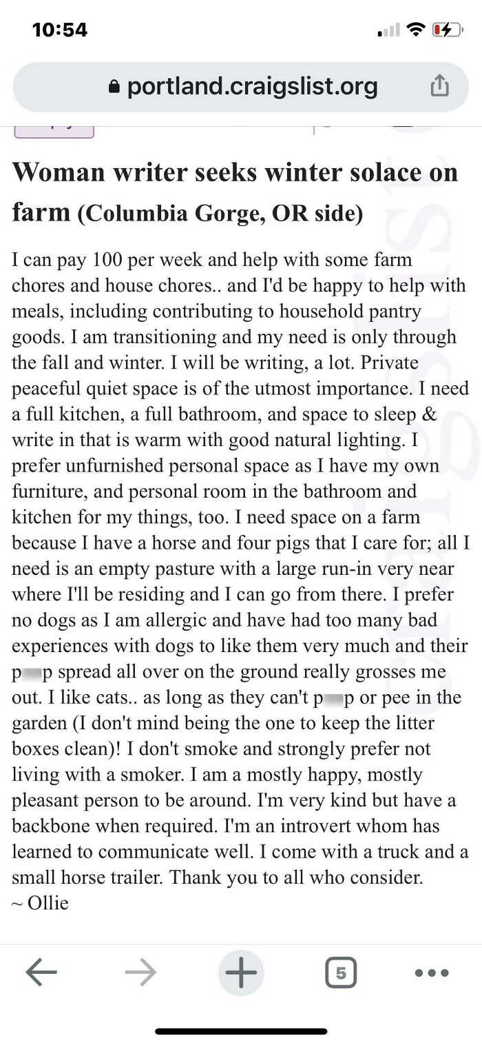 A Craigslist ad showing entitled people expecting a complete farm setup for themselves and their animals for cheap.