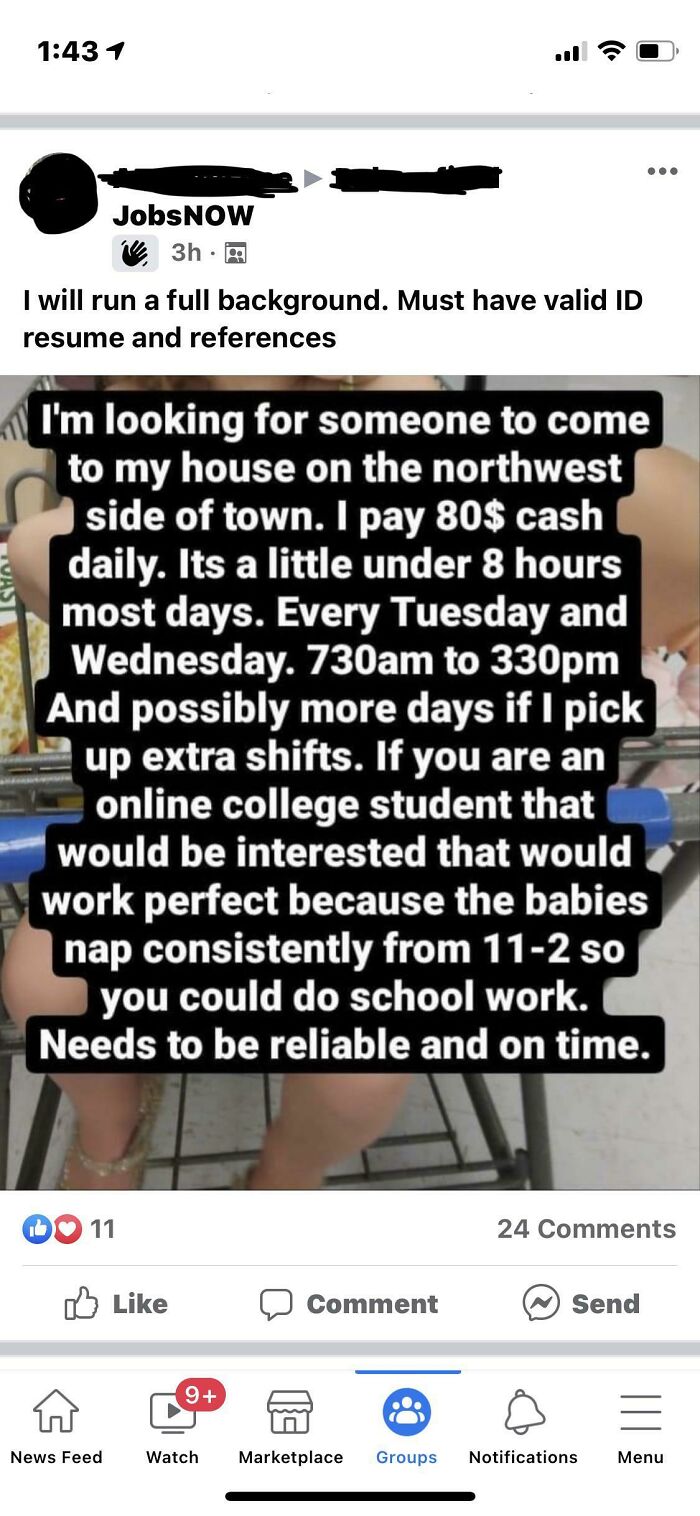 A social media job post showcasing entitled people offering low pay of eighty dollars for full-day babysitting.
