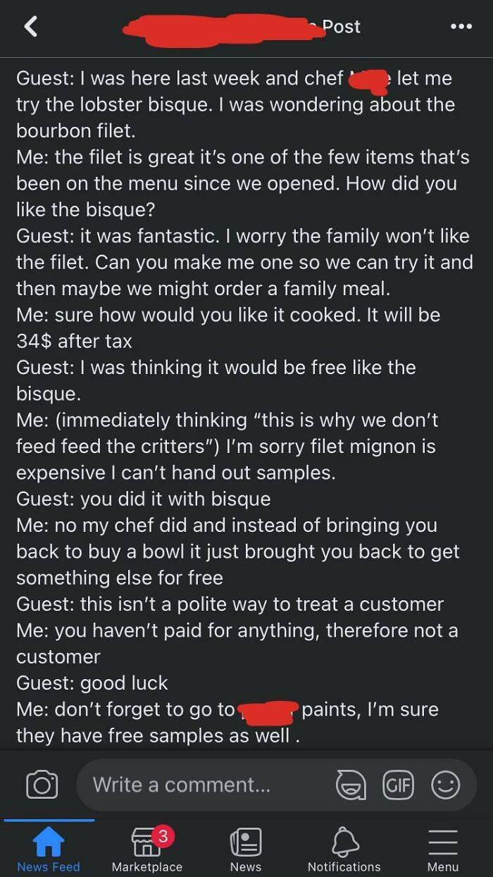 A chat screenshot showing entitled people demanding free expensive food samples from a restaurant employee.