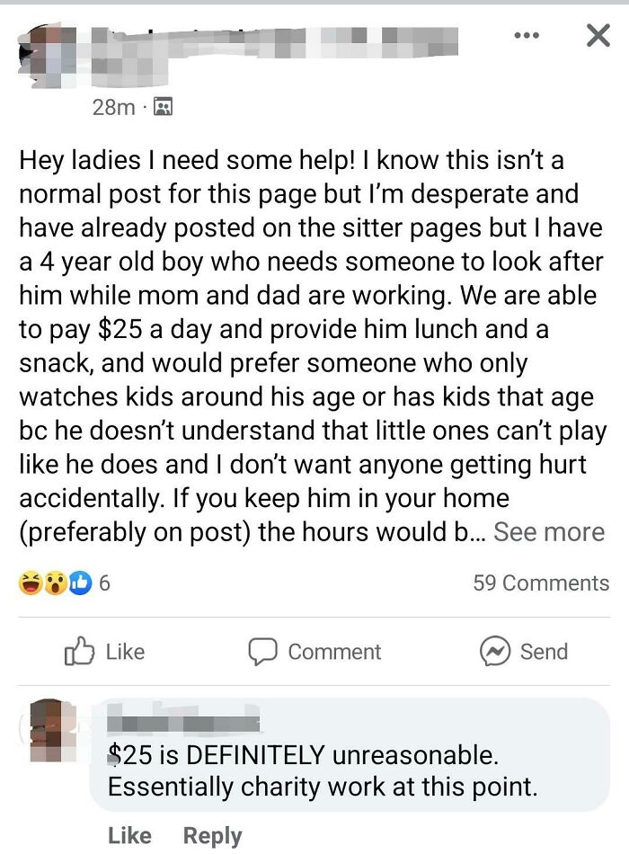 Social media post illustrating entitled people offering only 25 dollars for full-time babysitting.