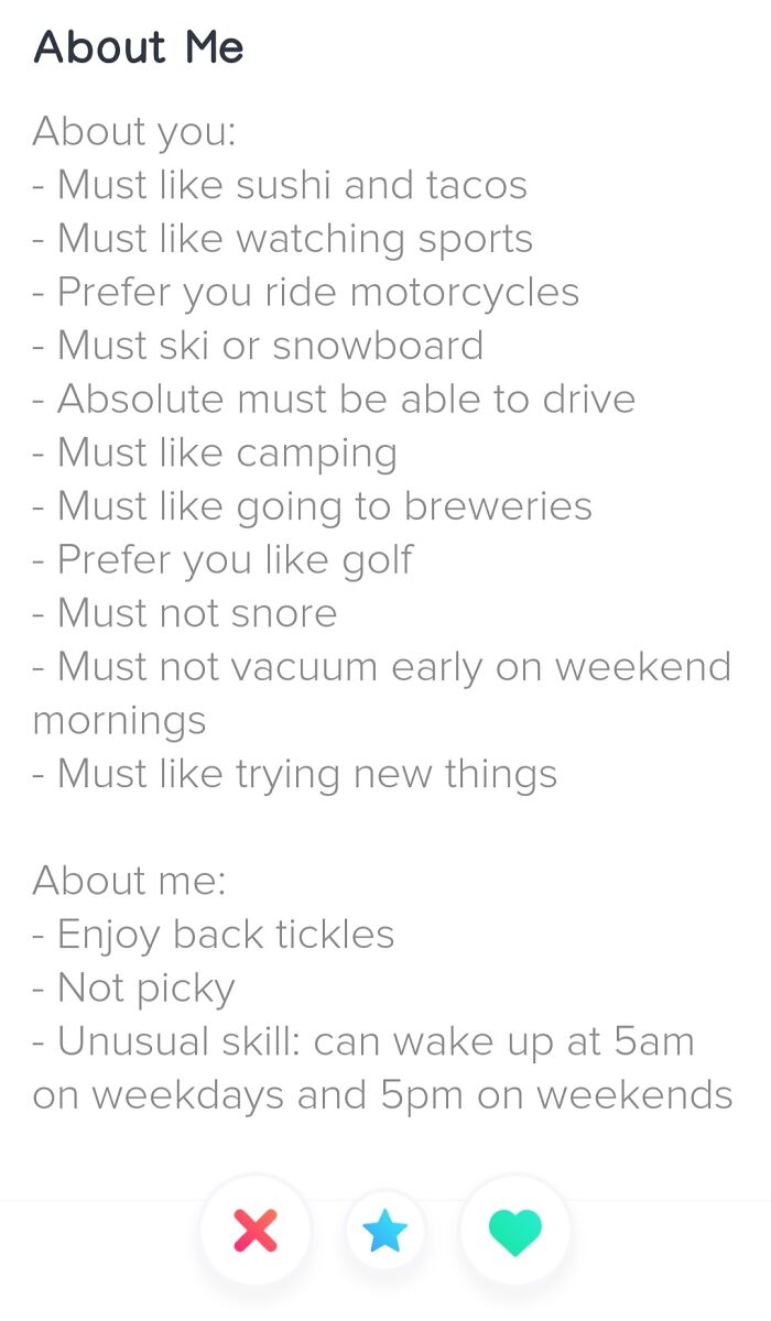 A dating profile screenshot showcasing picky demands, highlighting entitled people and their unrealistic standards.
