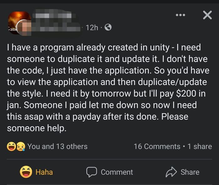 A social media post requesting free coding labor with delayed payment, showing entitled people demanding hard work.