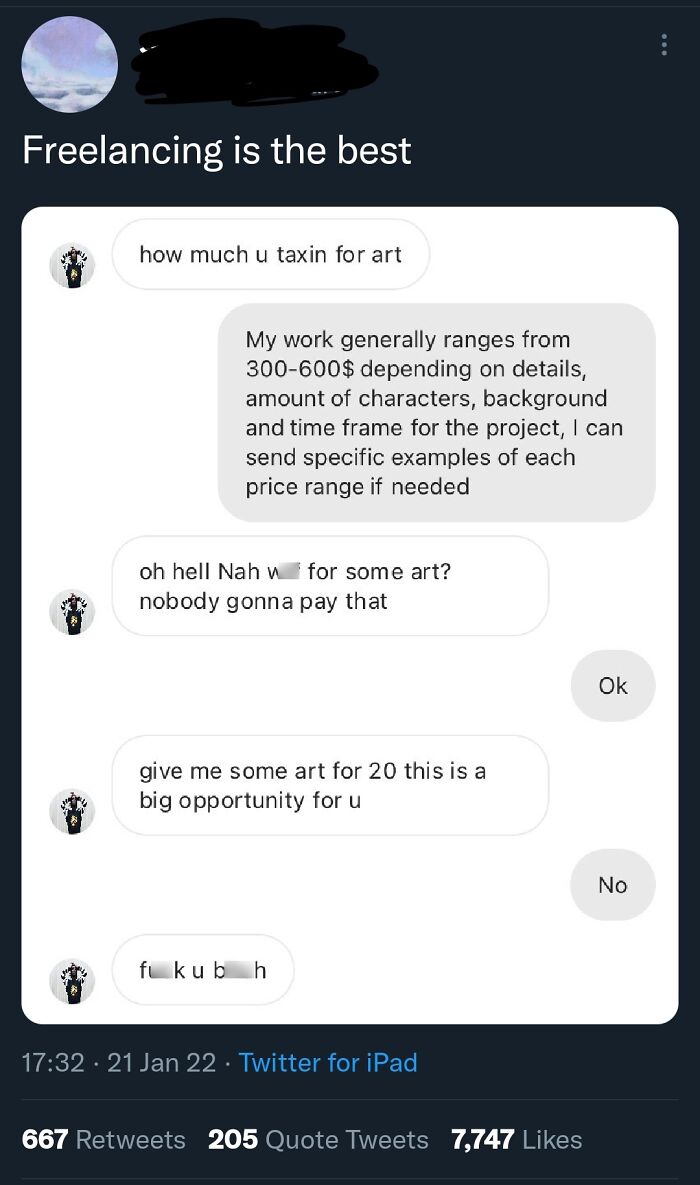 Screenshot of entitled people demanding cheap custom art from a freelance artist on Twitter.