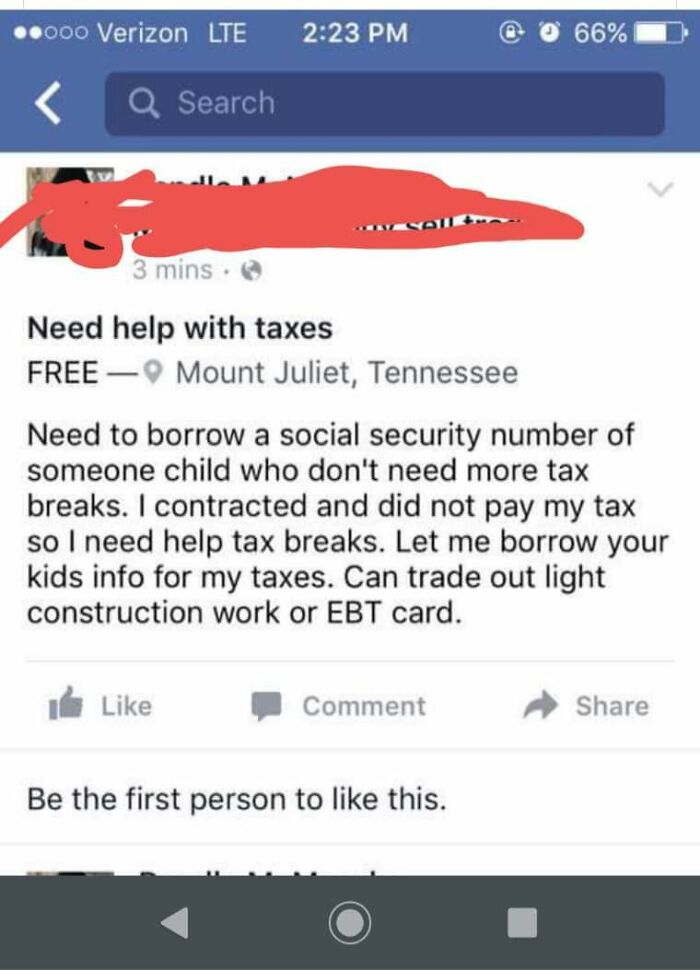 A facebook post showing entitled people asking to borrow a child's SSN for tax breaks in exchange for an EBT card.