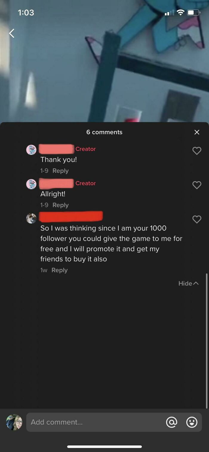 A social media comment from entitled people asking for a free game in exchange for promotion as the 1000th follower.