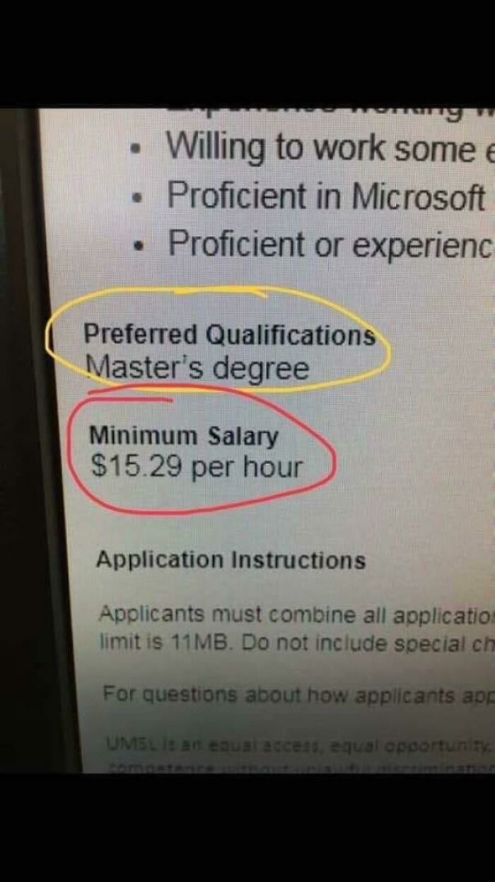 A job posting showing entitled people requesting a Master's degree for only fifteen dollars an hour.