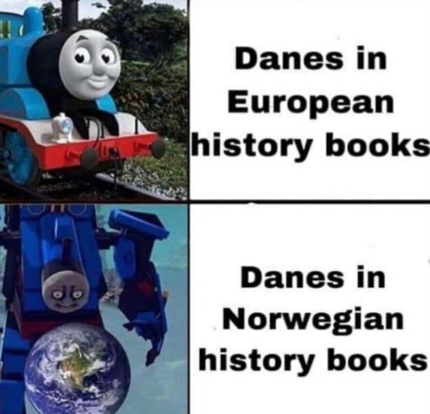 Danes in history books meme comparing European and Norwegian perceptions with Thomas the Tank Engine.