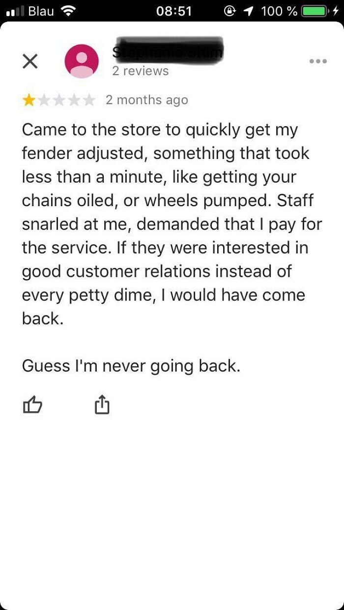 A screenshot of a 1-star review by entitled people complaining about being charged for a quick fender adjustment.