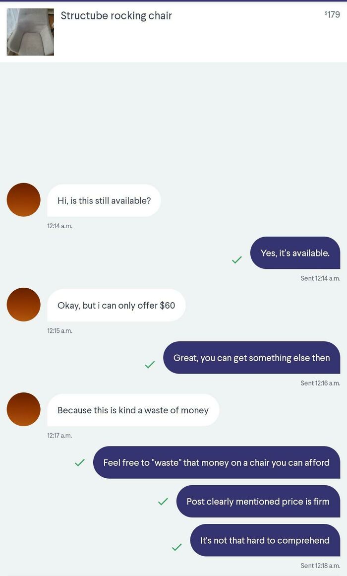 A marketplace chat where entitled people try to lowball a rocking chair price