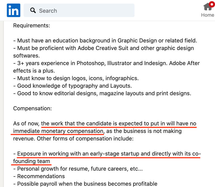A job posting showing entitled people offering no monetary compensation