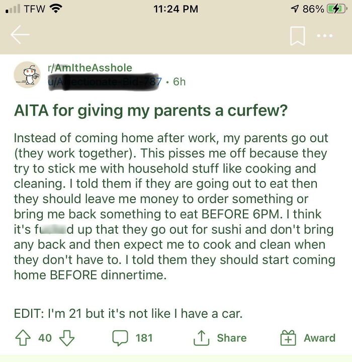 A Reddit post showing entitled people complaining about giving their parents a curfew