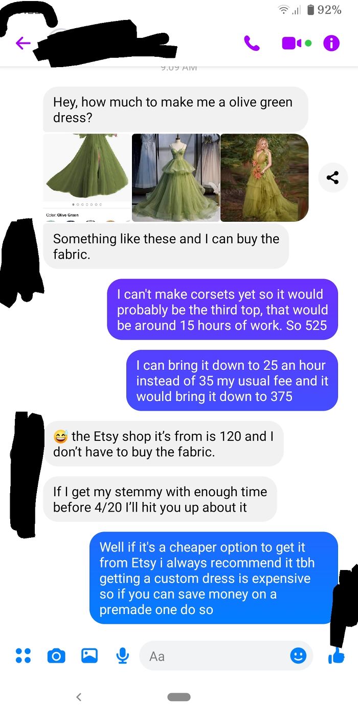 A chat screenshot of entitled people discussing custom dress pricing