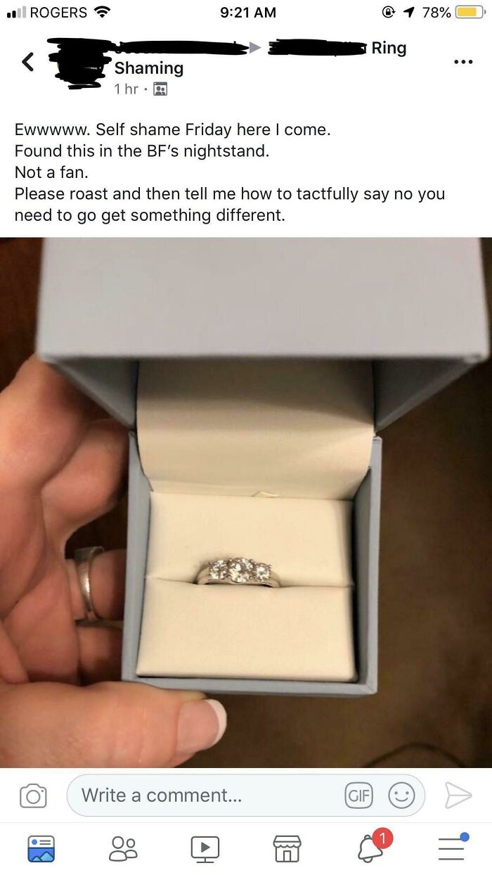 A ring shaming post by entitled people mocking a partner’s engagement ring
