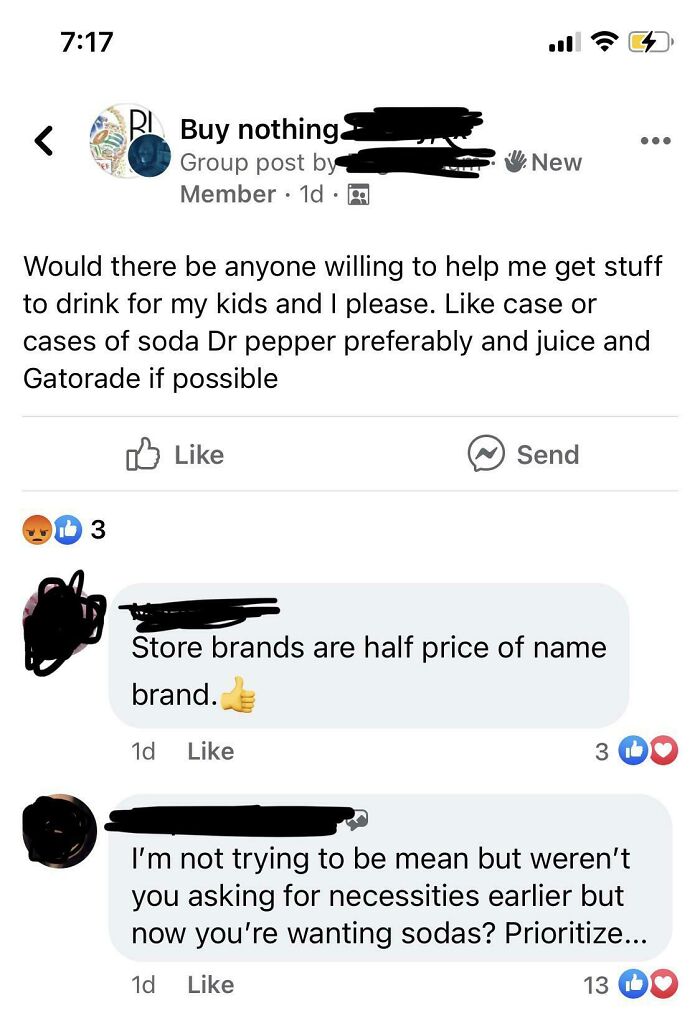 A Facebook post showing entitled people asking for free name-brand sodas and juice on a free group