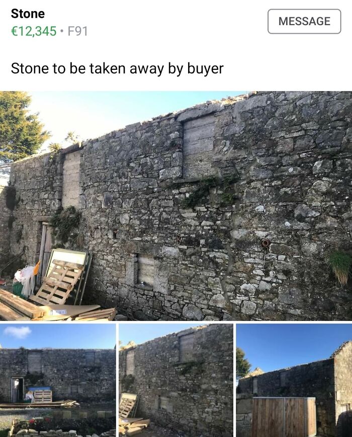 A listing of an old stone wall showing entitled people selling a stone structure for twelve thousand euros
