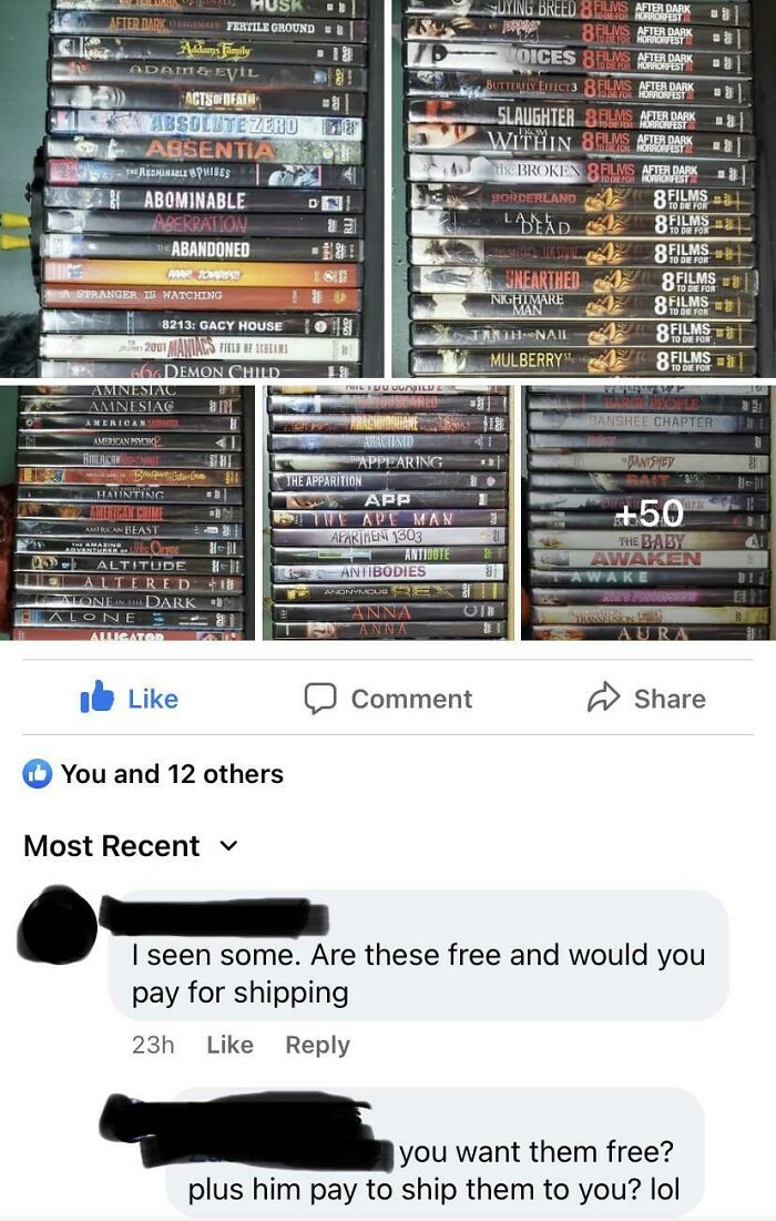 A social media comment where entitled people ask for free items and also want the seller to pay for shipping