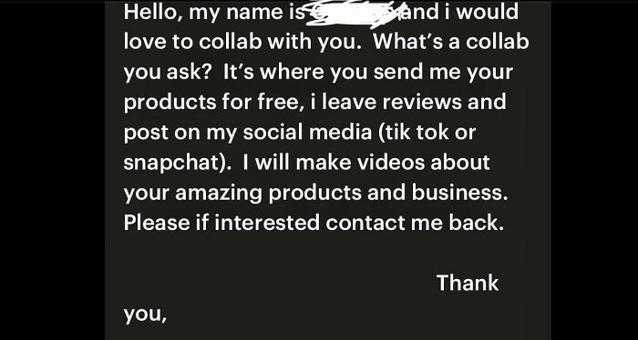 Screenshot of entitled people demanding free products in exchange for social media collab posts