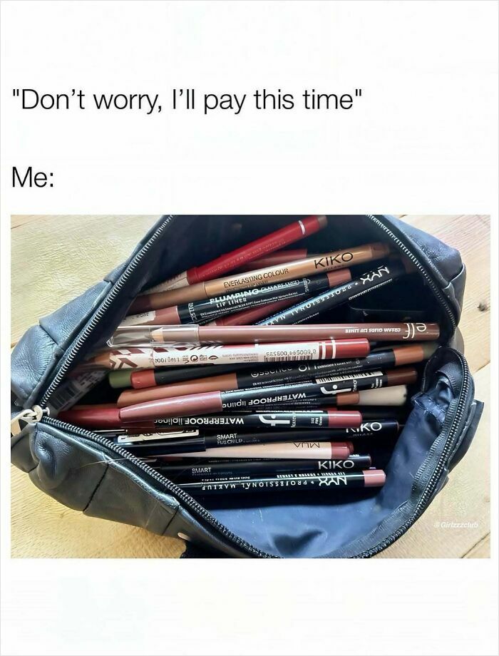 Funny memes about being a woman featuring a makeup bag full of lip liners.