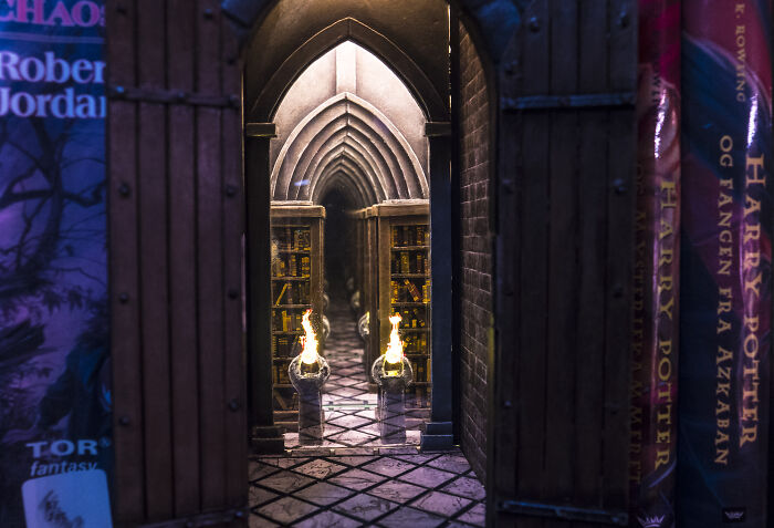 A detailed book nook showing a long, mysterious library corridor with glowing torches between books.