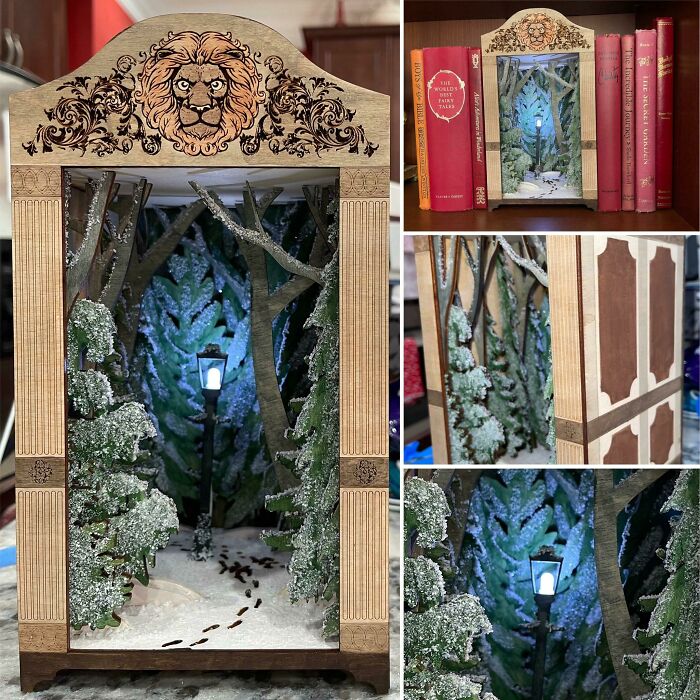 A snowy Narnia inspired book nook featuring a lamppost and a lion design