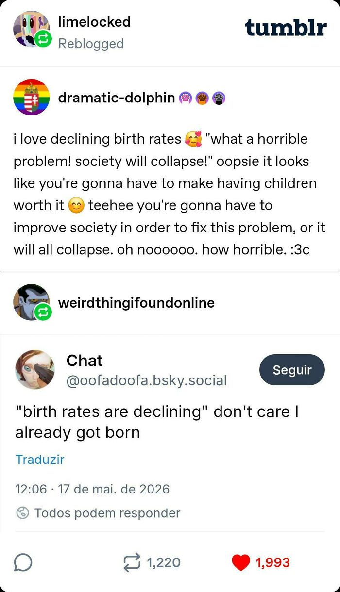 Tumblr posts on declining birth rates and societal collapse discussion