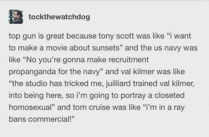 Tumblr post about Top Gun movie and actors' roles in production and portrayals