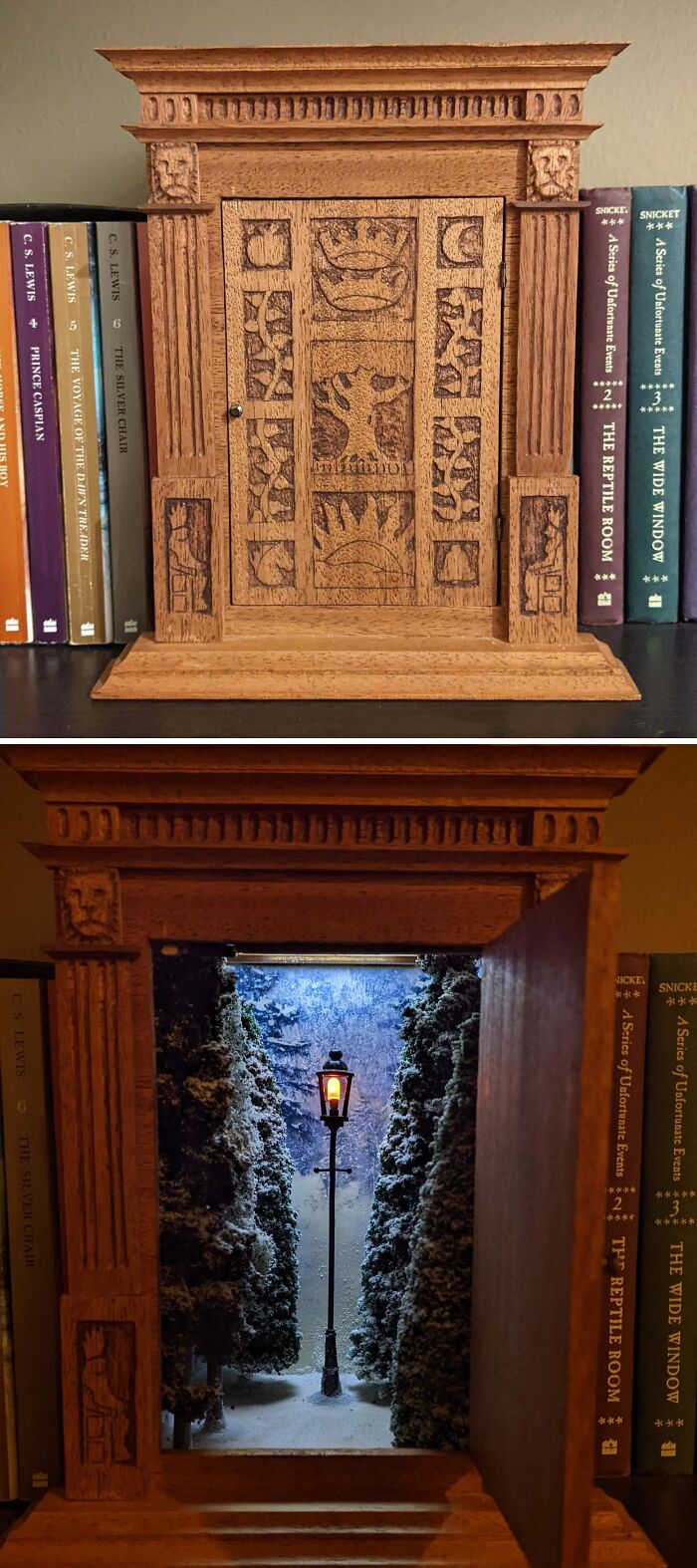 Before and after view of a wooden book nook opening up to a snowy forest scene with a lit lamp post.