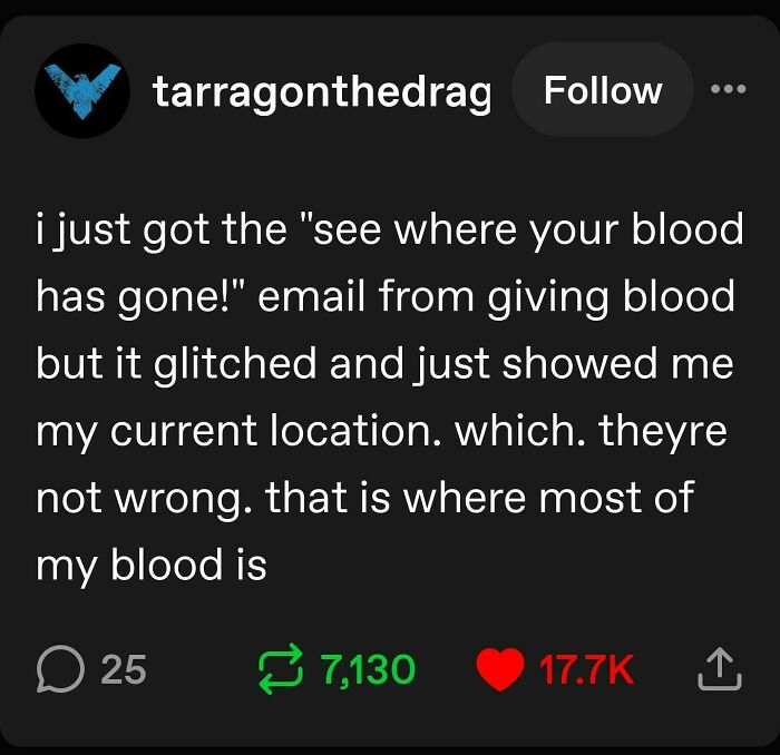 Tumblr post joking about a blood donation email glitch showing current location as where most blood is