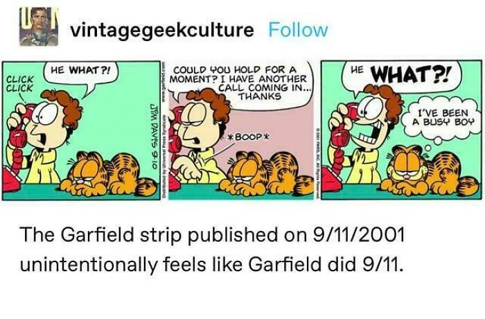 Garfield comic strip from 2001 interpreted humorously in context of 9/11 events