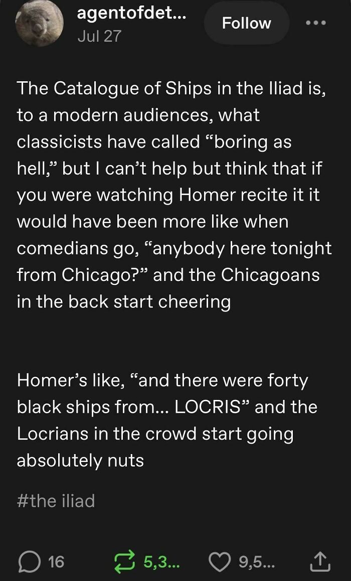 Tumblr post about the Catalogue of Ships in the Iliad and audience reaction