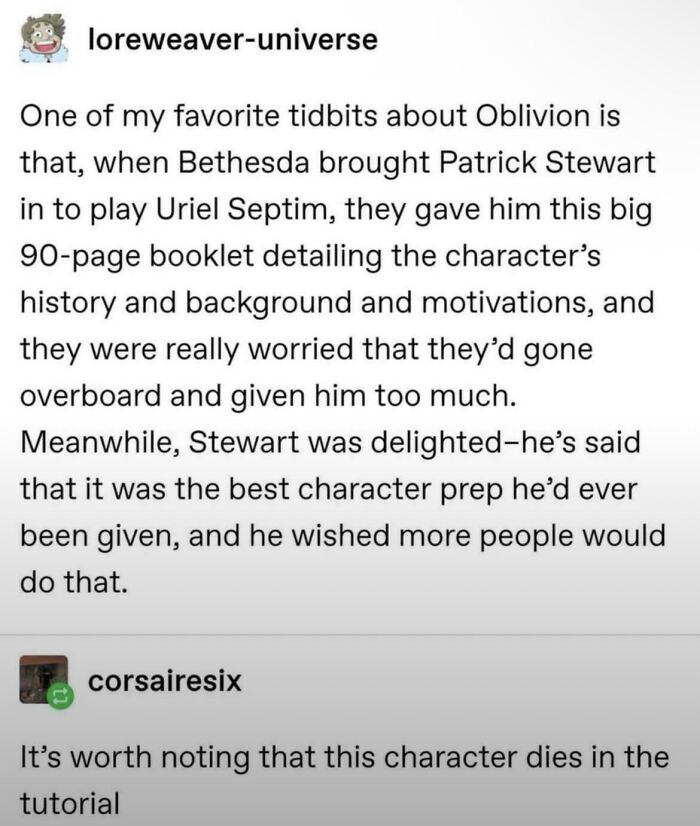Tumblr post about Oblivion game character prep given to Patrick Stewart