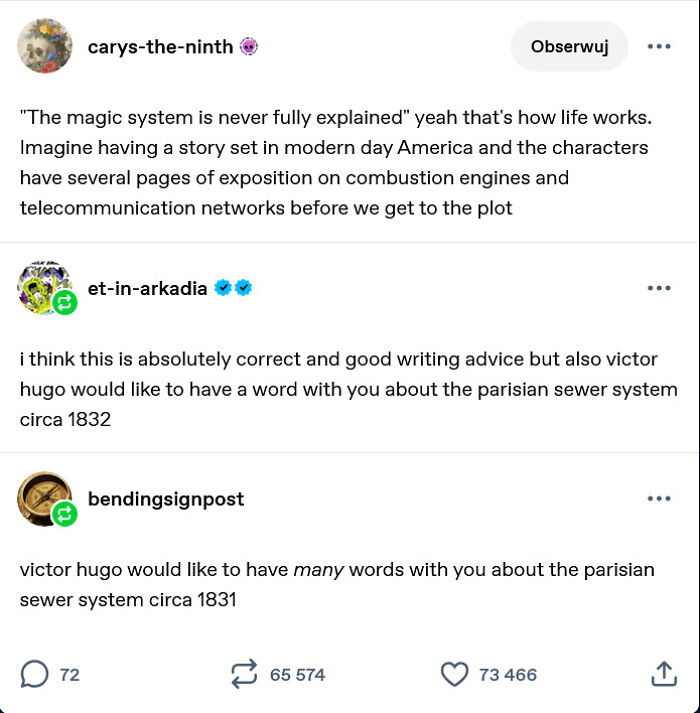 Tumblr post discussing magic system and Parisian sewer system in writing advice
