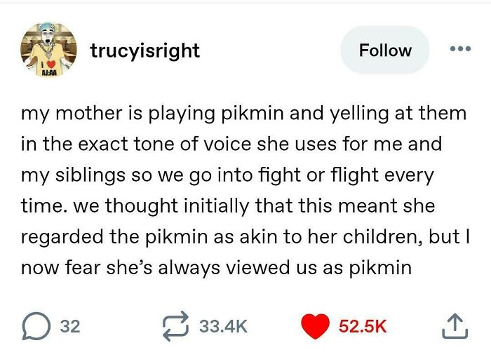 Tumblr post about mother playing Pikmin and yelling like with children
