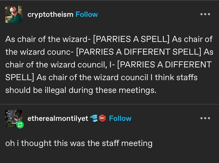 Tumblr wizard council joke about staffs being illegal in meetings