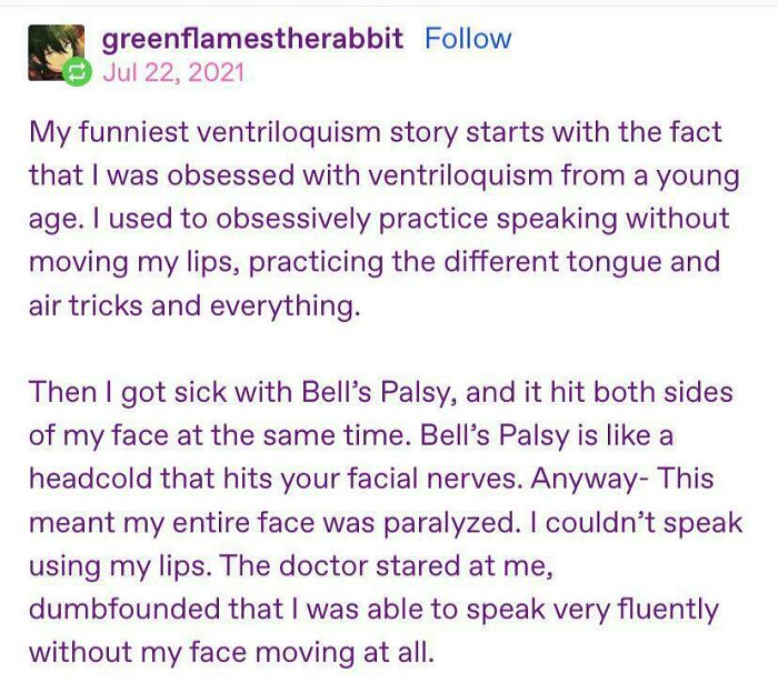 Tumblr story about ventriloquism and Bell's Palsy experience