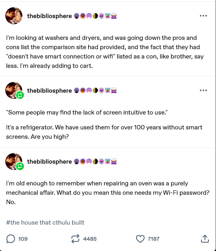 Tumblr post about frustration with smart technology in household appliances