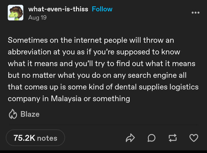 Tumblr post about internet abbreviations leading to unrelated search results