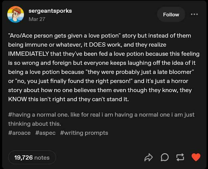 Tumblr post about aro/ace person experiencing effects of a love potion