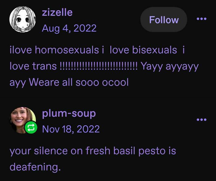 Tumblr posts expressing love for LGBTQ+ and a humorous comment on basil pesto