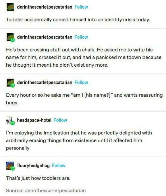 Tumblr thread about a toddler's chalk erasing causing an identity crisis